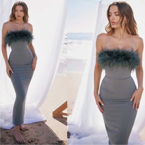 House of CB Dresses & Skirts - House of CB - Juliene - strapless feather bodice crepe cocktail dress